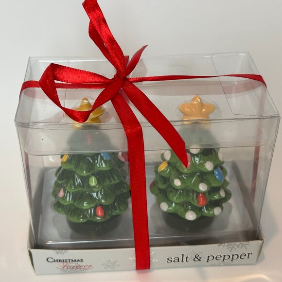 Christmas is Forever Holiday Tree Salt and Pepper Shaker Set NEW with TAGS - Picture 2 of 6